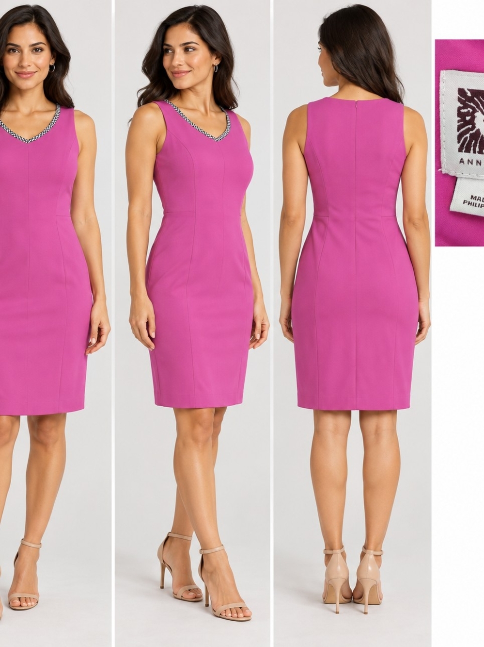 Anne Klein Bright Fuchsia Sheath Dress with Beaded Neckline